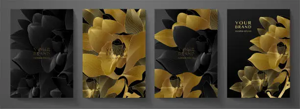 Vector illustration of Floral cover design set with gold orchid flower on black background