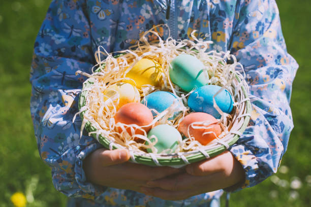 istock Colorful Easter eggs in basket. Kids hunt for eggs outdoors. 1464754704