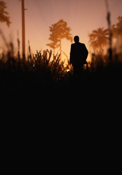 Silhouette of man in hazy tropical wilderness with palm trees during sunset. 3D render.