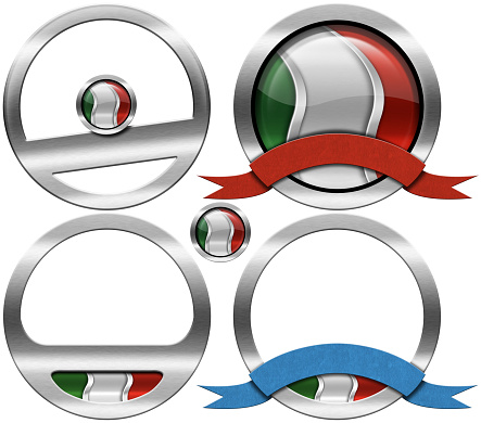 Collection of four round metallic icons or symbols with italian flag and empty ribbon with copy space and isolated on white background. 3D illustration.