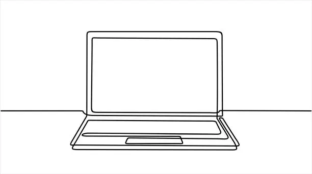Vector illustration of Laptop Computer Hand Drawn Continuous Line Art Vector Illustration. Isolated on White Background.
