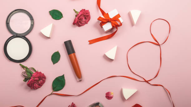 istock Womens day present. set of professional decorative cosmetics, makeup tools and accessory on colorful background. beauty and fashion concept. flat lay composition, top view 1464759759