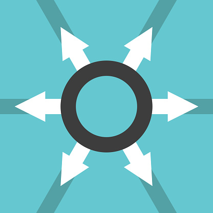 Many arrows pointing outwards from binding ring or circle. Center, direction, management, organization and power concept. Flat design. EPS 8 vector illustration, no transparency, no gradients