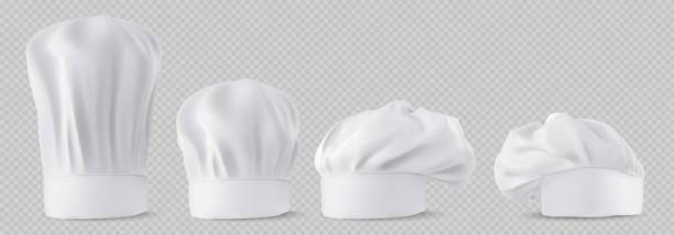 Chef hats, cook caps and baker toques mockup set Chef hats, cook caps and baker toques realistic mockup. White restaurant uniform headwear, professional small, medium and tall french style clothing of kitchen staff, 3d vector illustration chef hat stock illustrations