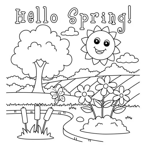 Vector illustration of Hello Spring Smiling Sun Coloring Page for Kids