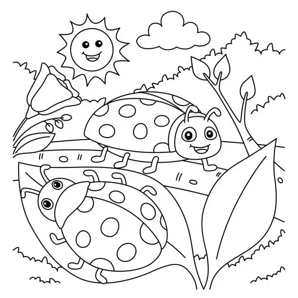 Vector illustration of Spring Two Ladybugs Coloring Page for Kids