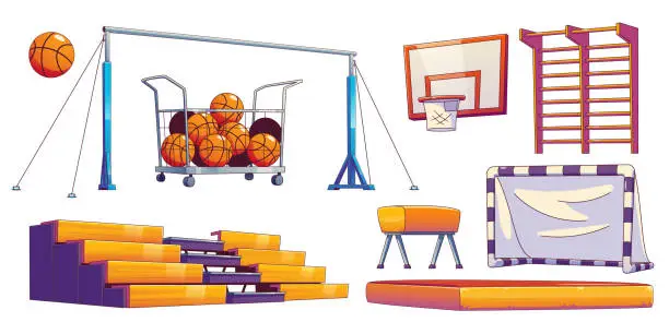 Vector illustration of School gym, sport court equipment with balls