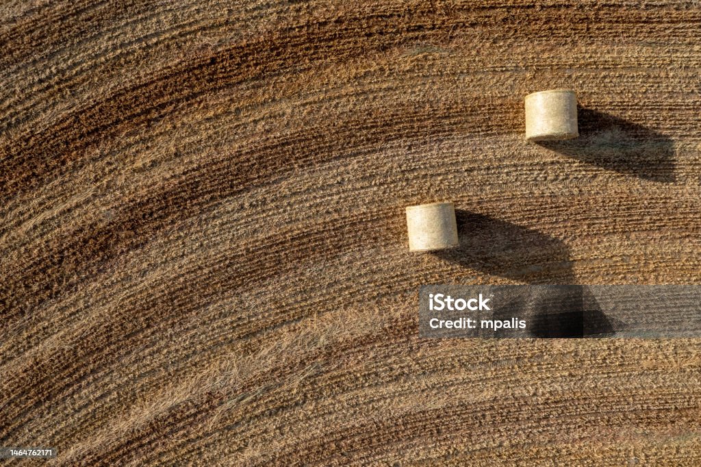 Drone aerial of hay bales in agriculture field after harvesting. Drone aerial of hay bales in agriculture field after harvesting. Cyprus europe Bale Stock Photo
