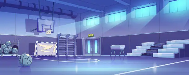 Vector illustration of School gymnasium, sport gym interior at night