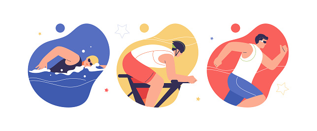 Triathlon sports competitions. Swimming, cycling and running. Olympiad, Championship vector characters