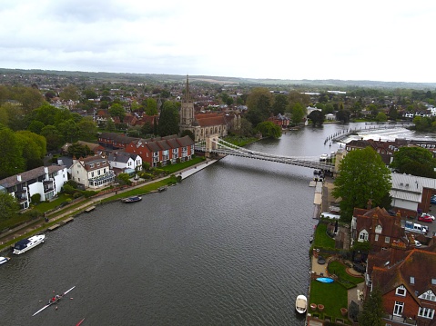 Marlow waterfront river Thames ,UK Buckinghamshire Drone, Aerial, view from air, birds eye view,