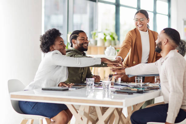 Team, stack and hands for collaboration, teamwork and partnership for business deal, planning and achievement. Group hand, staff and coworkers with support, solidarity and employees with motivation