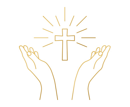 hands in praying, blessing position and cross  -vector illustration