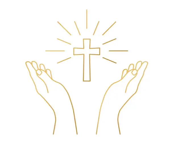 Vector illustration of hands in praying, blessing position and cross