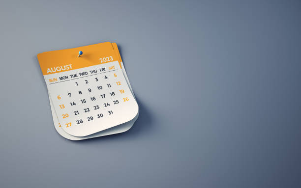 istock Yellow August 2023 Calendar On Smoked Background, Blue Pushpin Pinned, Clipping Path 1464769519