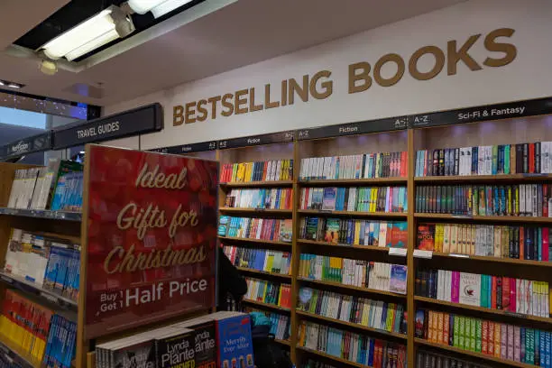 A picture of the bestselling section of a bookstore.
