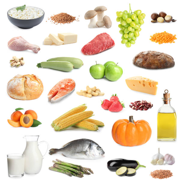 istock Healthy diet. Set with many different products on white background 1464771571