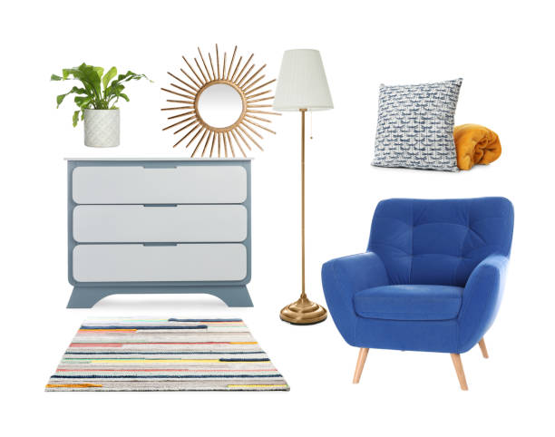 istock Stylish interior design. Different decorative elements and furniture on white background. Mood board collage 1464772514