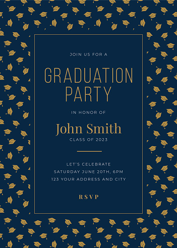 Graduation Class of 2023. Party invitation. Design template with icon elements. Stock illustration
