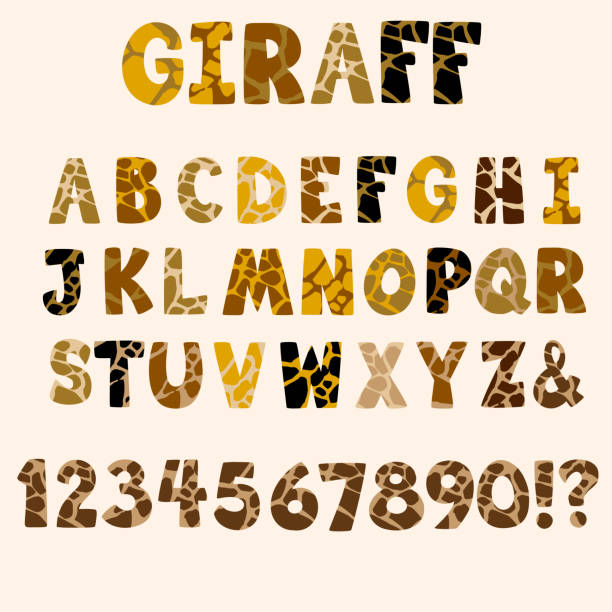 numery alfabetu żyrafy skóra zwierząt, wielka litera, tekstura zwierzęca, alfabet z dzikimi zwierzętami - giraffe pattern africa animal stock illustrations