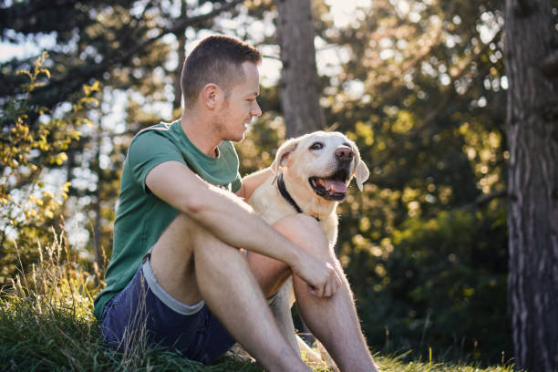 istock Man with his happy dog sitting in grass under tree 1464773798
