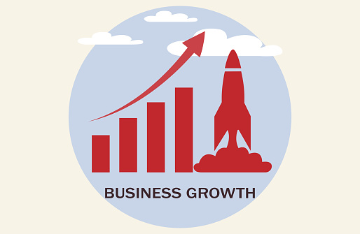 Rocket flying on chart of growth. Concept of successful  business.
