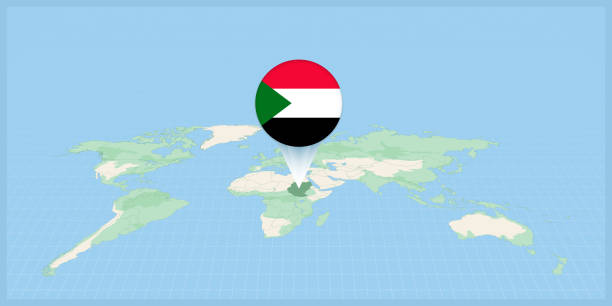 illustrazioni stock, clip art, cartoni animati e icone di tendenza di posizione del sudan sulla mappa del mondo, contrassegnata con la spilla della bandiera del sudan. - republic of the sudan