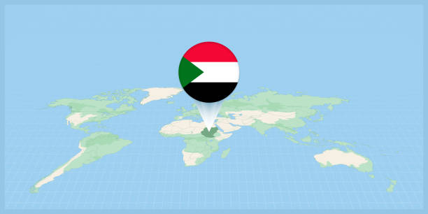 ilustrações, clipart, desenhos animados e ícones de localização do sudão no mapa-múndi, marcado com o pino da bandeira do sudão. - republic of the sudan