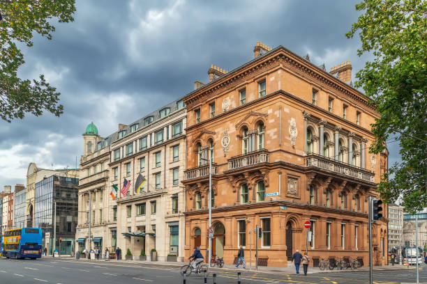 Street with historical houses in Dublin city center, Ireland