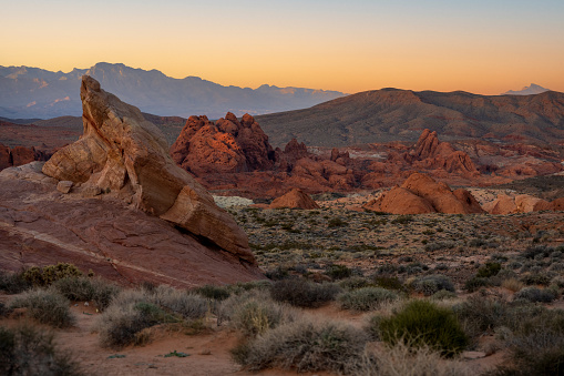 Rock formations in Valley of Fire State Park at Sunset in Nevada