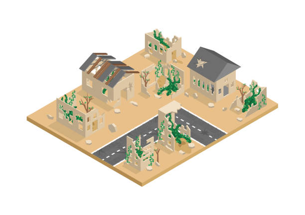 ilustraciones, imágenes clip art, dibujos animados e iconos de stock de vector isométrico de ciudad abandonada - en ruinas