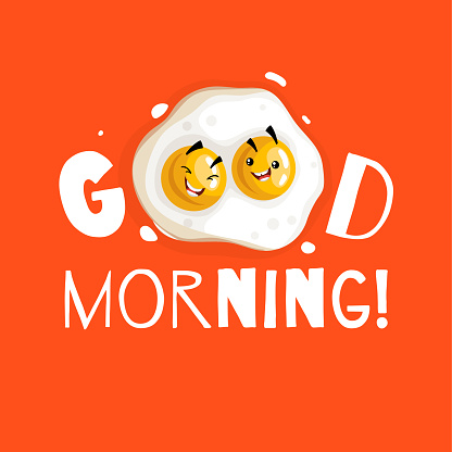 Cute frying double-eyed eggs smiling. Good morning characters. Card and banner template. Vector illustration.