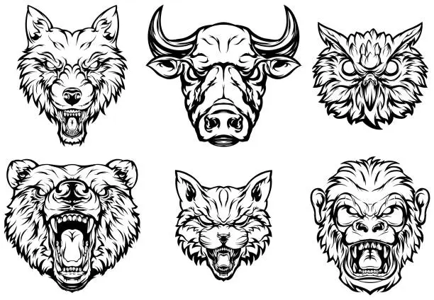 Vector illustration of Head of bear, cat, monkey, owl, bull, wolf. Abstract character illustrations. Graphic logo design template for emblem. Image of portraits.