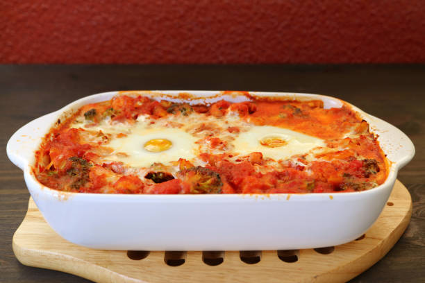 Closeup of Delectable Shakshouka, a Dish of Poached Eggs in Flavorful Tomato Sauce