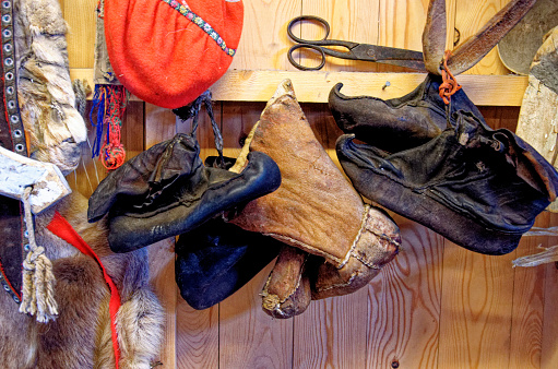 Sami (Laplander) boots with curved toes that allow them to be attached to skis or snowshoes - Nordkapp, Norway