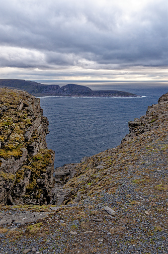 Barents Sea coast North Cape (Nordkapp) in northern Norway. North Cape is a cape on the northern coast of the island of Mageroya in Northern Norway