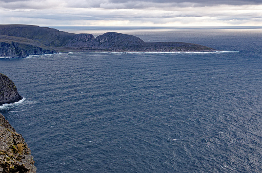 Barents Sea coast North Cape (Nordkapp) in northern Norway. North Cape is a cape on the northern coast of the island of Mageroya in Northern Norway