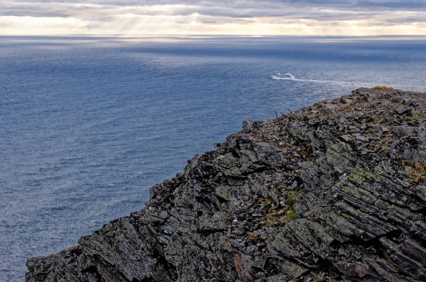 Barents Sea coast North Cape (Nordkapp) in northern Norway. North Cape is a cape on the northern coast of the island of Mageroya in Northern Norway