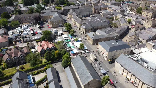Market day in Bakewell town Derbyshire peak district UK drone aerial view