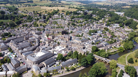Bakewell town Derbyshire peak district UK high angle drone aerial view