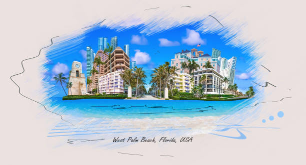 istock Palm Beach, Florida, USA clock tower on Worth Ave. Art design 1464781998