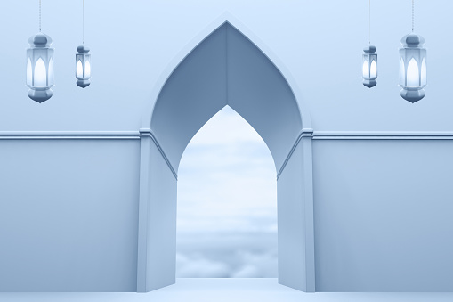 Eid adha mubarak concept, mosque arch on 3d illustration
