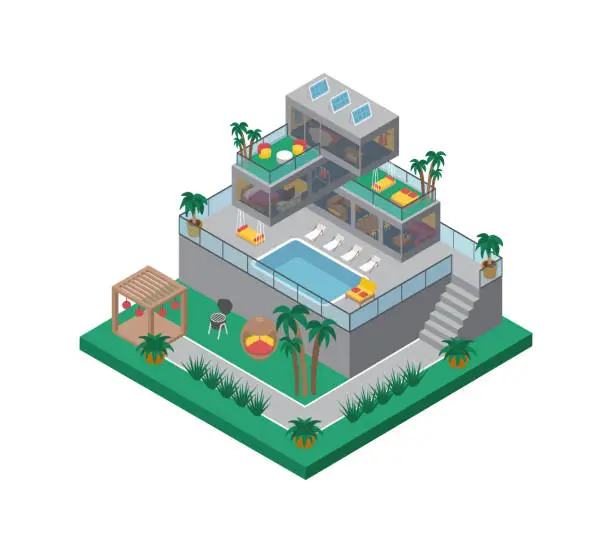 Vector illustration of Large Modern Villa With Pool Isometric Vector