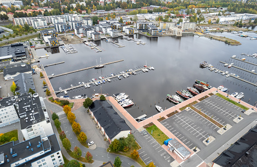 Drone aerial scenery of the city of Kuopio and the marina. Eastern finland Europe