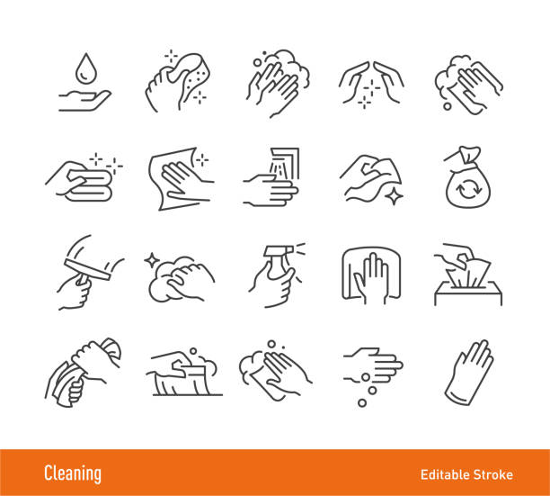 ilustraciones, imágenes clip art, dibujos animados e iconos de stock de iconos de limpieza - trazo editable - serie de iconos de línea - washing hands human hand washing hygiene