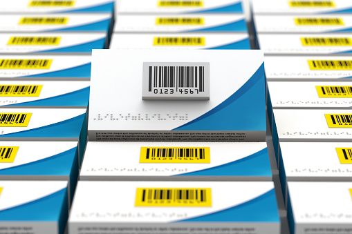 Label and bar code a industry concept for pharma serialization. 3d render
