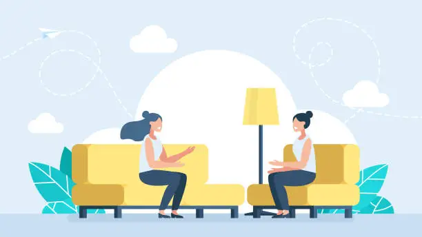 Vector illustration of Dialog and communication between people. Couple of girlfriends talking. Female friends sitting on comfy sofa. Happy smiling women chatting and relaxing on couch together at home. Vector illustration