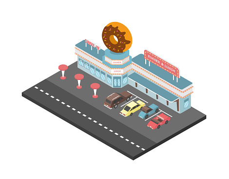 Retro Cafe, donut on the roof. Vector illustration.
