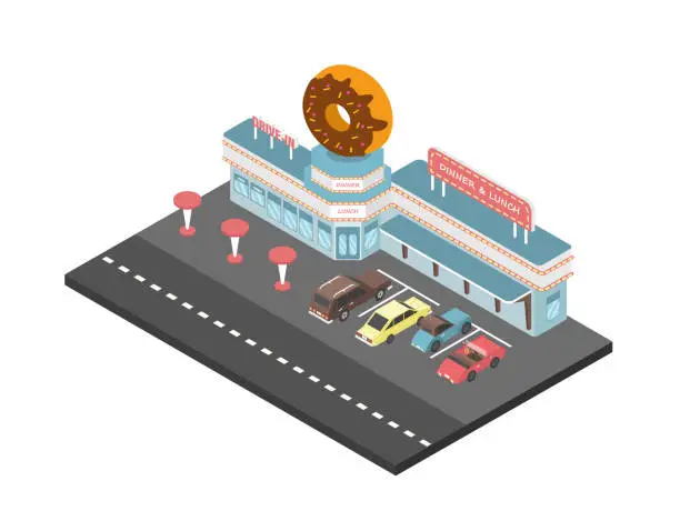 Vector illustration of Retro Cafe, Donut on the Roof, Isometric Vector