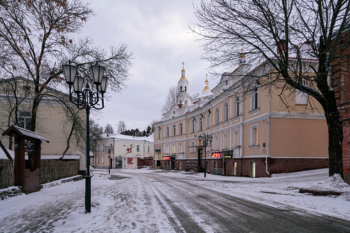 Vitebsk, Belarus, 01.06.2022: view of the tourist street in the historical center of the city on a winter day